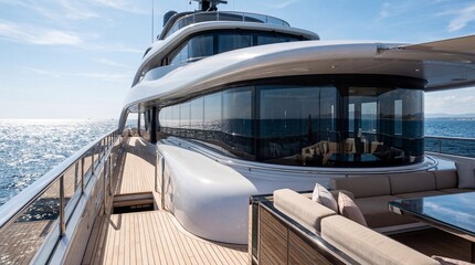 Fototapeta premium Luxury yacht sailing on blue ocean, modern vessel offering travel and exclusive lifestyle