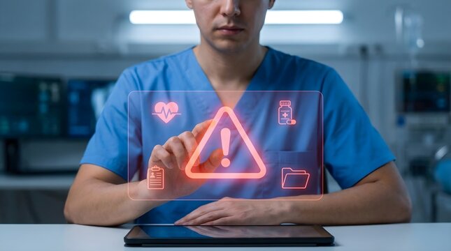 Medical Professional Interacting with Holographic Patient Data Alert