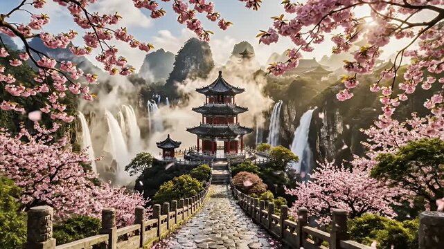 Spectacular Chinese temple complex perched high above cascading misty waterfalls and dramatic cliffside scenery
