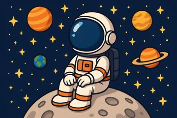 Naklejka premium Astronaut sitting on moon looking at planets and stars