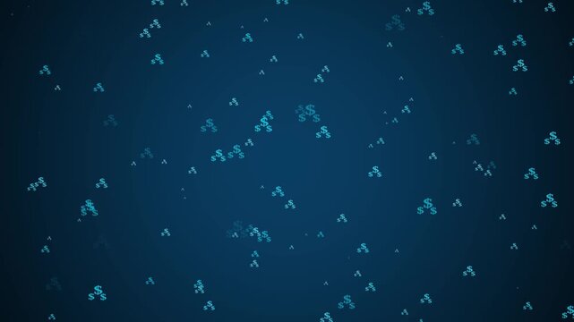 Numerous small teal dollar signs scattered across a dark blue gradient background creating a digital financial abstract pattern with a sense of depth and movement. Keywords: dollar, sign, currency