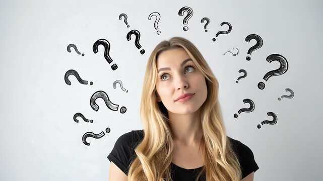 Blonde woman looking up surrounded by question marks representing confusion and decision making
