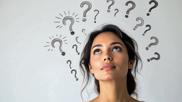 Young woman gazing upward with illustrated question marks expressing curiosity and contemplation