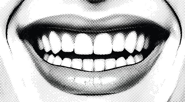 A black and white illustration of a smiling mouth with white teeth on a grey background