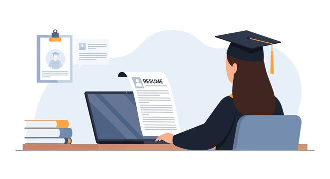 A practical flat design illustration showing a graduate engaged in job searching with a laptop and resume, symbolizing career preparation after academic success.