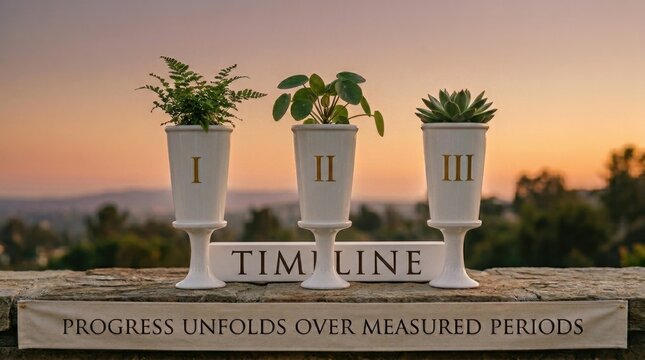 Three elegant white planters with Roman numerals I, II, and III, each holding a different plant, arranged before a "TIMELINE" backdrop.