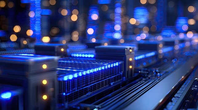 A futuristic data server room with blue neon lights and blurred bokeh effect, suggesting advanced technology