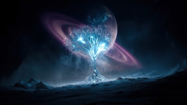 Mystical glowing tree of life on alien planet with ringed celestial body.