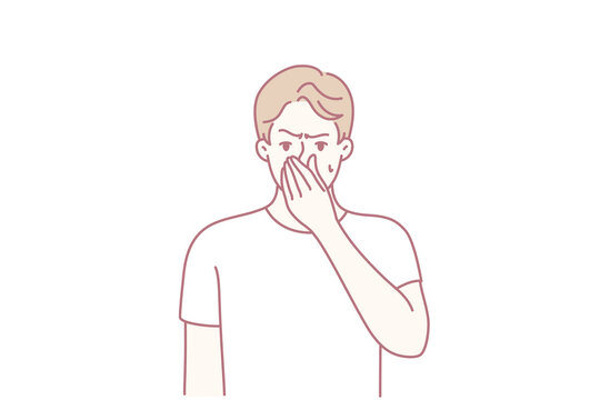 Dissatisfied man pinching nose with hand while suffering from unpleasant smell sweat. Guy is experiencing discomfort due to non-compliance with hygiene standards or health problems. Flat vector image