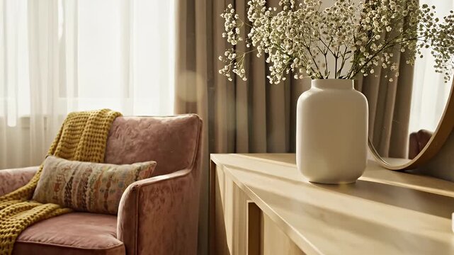 Sunlit Cozy Living Room Corner Featuring a Pink Velvet Armchair and Wooden Sideboard
