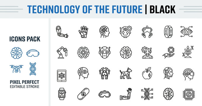 Technology and Future Devices Outline Vector Icon Set &mdash; AI, Robotics, Smart Wearables, VR, AR, IoT, Smart Devices, Editable Stroke Icons
