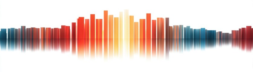 Fototapeta premium Colorful vertical bars resembling a sound equalizer with reflections, blending from blue to red through yellow and orange hues on a white background, the US and Iran war effects