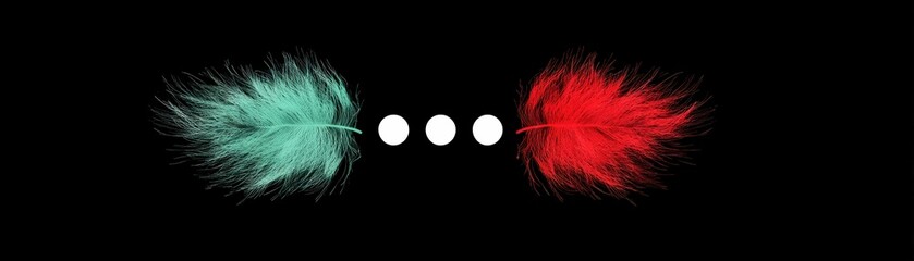 Obraz premium Two colorful feathers, one turquoise and one red, face each other with three white dots in between on a black background, the US and Iran war effects