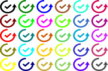 Obraz premium Set of colorful check mark with circular arrows icons in different bright colors on transparent background for business project management and progress tracking