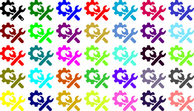 Collection of colorful wrenches and gears icons with arrows, representing mechanical repair and technical settings, ideal for industry and service concepts
