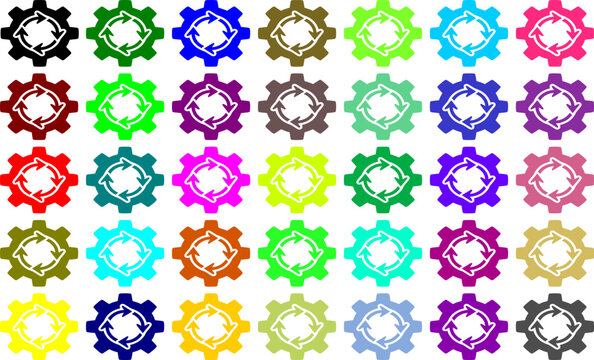 Set of mechanical gear icons with rotation arrows in multiple colors isolated on transparent background symbolizing process automation and industrial management