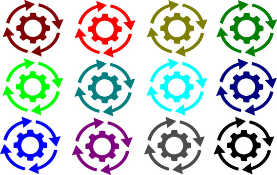 Gear with surrounding circular arrows in twelve different colors for business process optimization and technical system maintenance icons on transparent grid