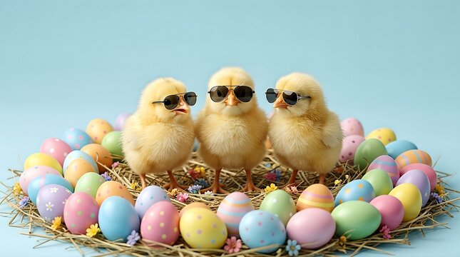 Three fluffy chicks wearing sunglasses surrounded by pastel Easter eggs in a nest.