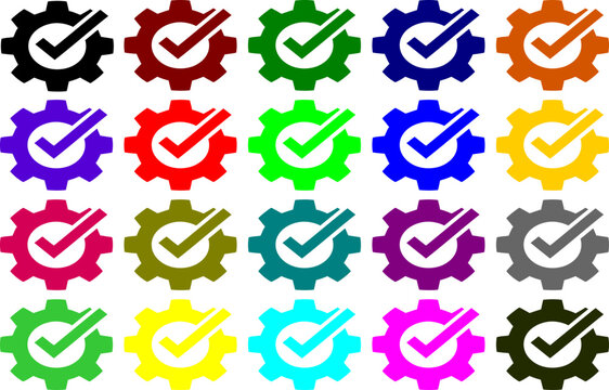 Multiple colorful gear icons featuring check mark symbols signifying successful process completion and verified industrial settings for business management apps
