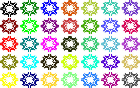 Collection of divided gear symbols with circular arrows in various colors representing segmented workflow and cooperative industrial processing and management