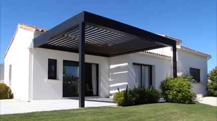 Modern house with a pergola, white facade, large windows, green lawn, and clear blue sky