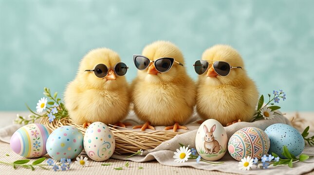 Three adorable chicks in sunglasses with decorative Easter eggs and daisies on a pastel background.
