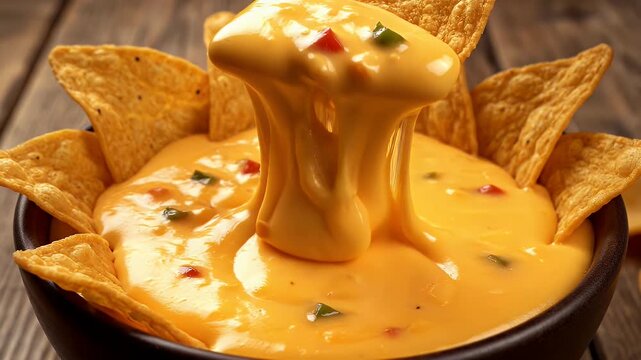 Delicious Melted Queso Cheese Dip with Tortilla Chips in a Dark Bowl on a Wooden Table A Close Up Top Down View of a Loopable Appetizer Perfect for Parties and Snacks