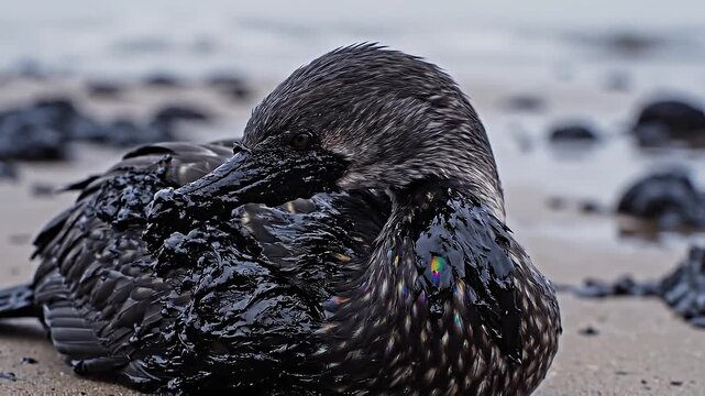 Bird covered in oil rests on beach at low tide while the sun sets behind the horizon
