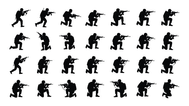A comprehensive analysis of silhouette graphics featuring diverse combat poses of soldiers in various stances and angles
