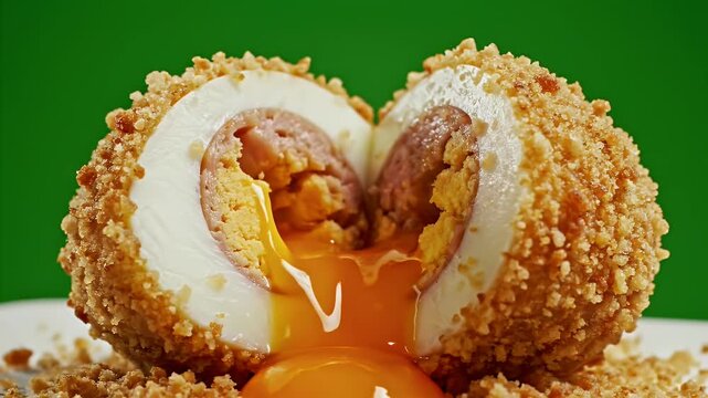 Delicious Scotch Egg Cut in Half Showing Runny Yolk Sausage Meat and Crispy Breadcrumb Coating Isolated on a Vibrant Green Background