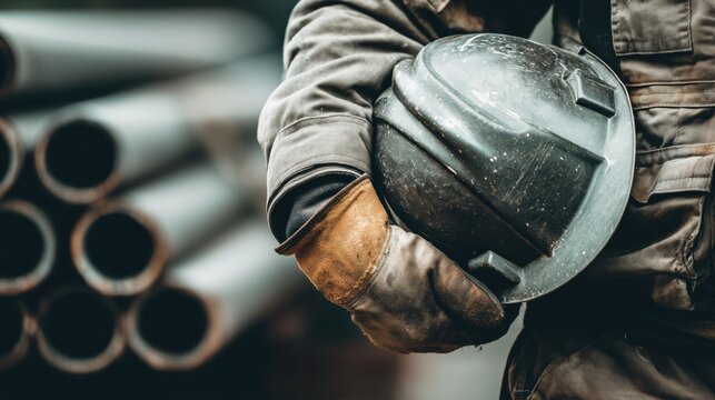 Close up of worker in protective glove holding black hard hat near steel pipes