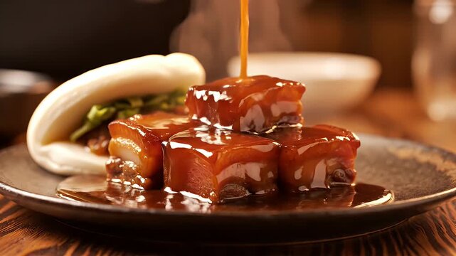 Delicious Taiwanese Dongpo Rou Braised Pork Belly Served with Steamed Bao Buns in Dark Rustic Restaurant Setting