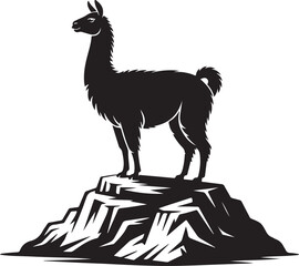 Fototapeta premium Llama Icon Silhouette on Rocky Summit - Black and White Vector Art