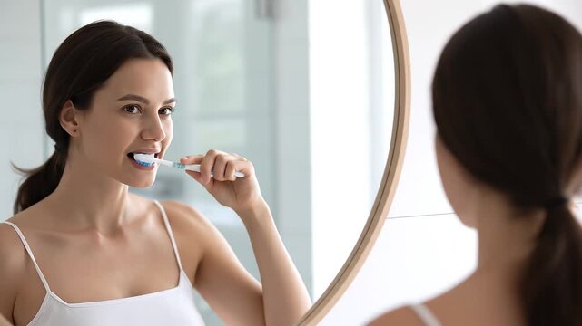 Woman brushing teeth while smiling at mirror in modern bathroom interior