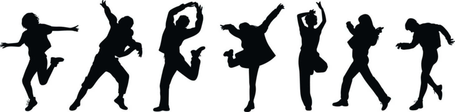dancing people silhouettes collection, energetic dancers jumping moving poses, party celebration figures isolated black vector illustration set