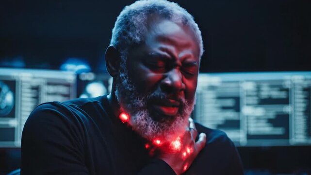 Senior Black man with glowing red neck pain in dark tech environment