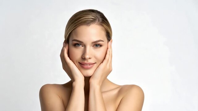 Close beauty portrait of woman with natural makeup touching face against clean background