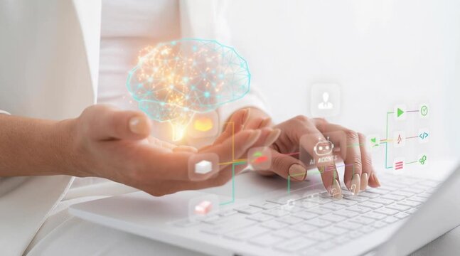 Professional woman with visionary mood presenting neural network brain with AI agents ecosystem above laptop against white background with copy space