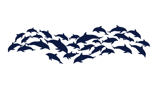 A large school of dolphins swimming together in a synchronized movement, showcasing their social behavior and aquatic agility in a mesmerizing display of marine life.