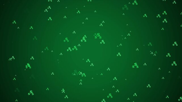 A dark green gradient background is filled with numerous small bright green dollar signs scattered randomly, creating a sense of depth and a digital financial abstract pattern with a vibrant feel