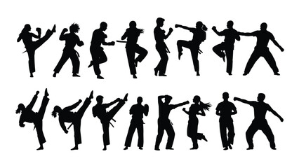 Fototapeta premium Collection of diverse martial arts and dance silhouettes depicting various energetic poses and movement techniques