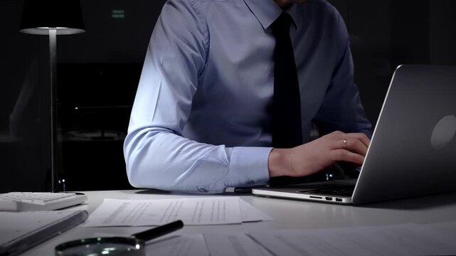 Businessman working late at night, typing on laptop, meeting deadlines and managing corporate finance administration. Audit and taxes in business