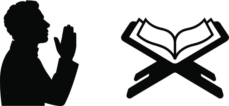 Islamic silhouette vector set with muslim man praying and holy quran on rehal for ramadan kareem