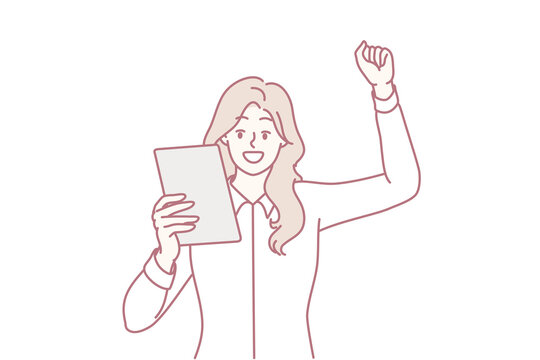 Happy woman raising hand making victory gesture and looking at electronic tablet. Positive businesswoman in white shirt rejoices after reading e-mail message from partners. Flat vector design