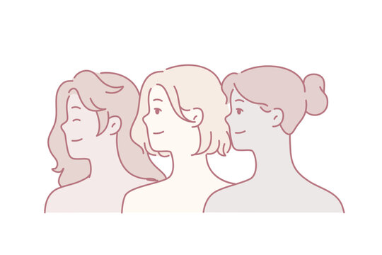 Diverse multiracial beautiful women with bare shoulders look one way and smile. Faces of multiethnic girls for concept of feminism or struggle for women freedom. Flat vector illustration