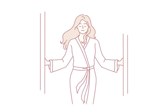 Woman in white coat comes out of shower with satisfied expression feels relieved and gratification. Girl in bathrobe while visiting SPA center looks forward to pleasant procedures. Flat vector image