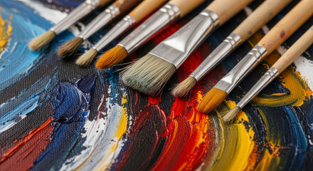 Obraz premium a close-up view of multiple paint brushes on a colorful abstract painting with various brush strokes