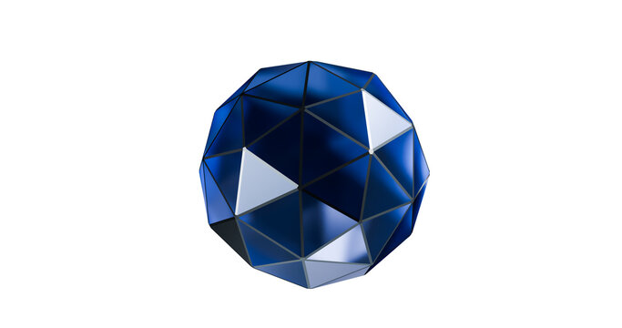 Blue geometric sapphire crystal ball textured with metal frame holding the glass in a transparent background