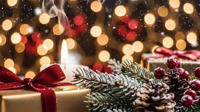 Festive holiday arrangement with snow, berries, pinecones, and bokeh lights