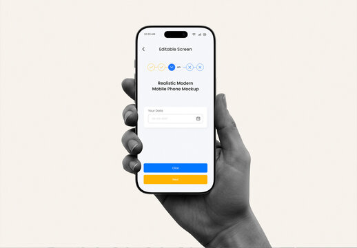 Smartphone screen mockup of hand holding mobile phone on white background